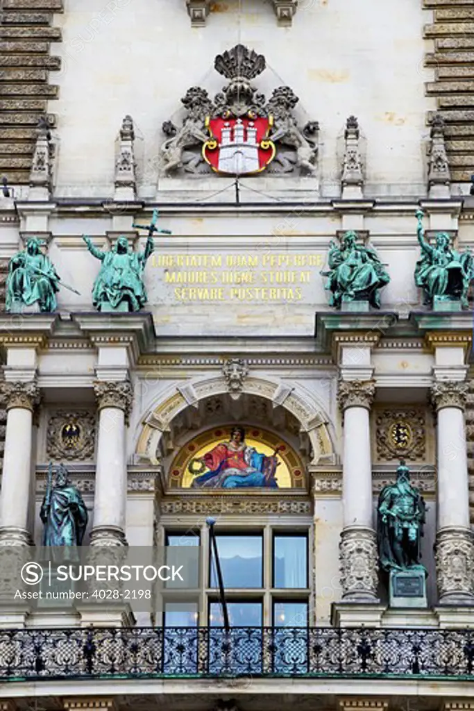 Hamburg's coat of arms above the entrance of the city hall of the Hanseatic city of Hamburg, Germany
