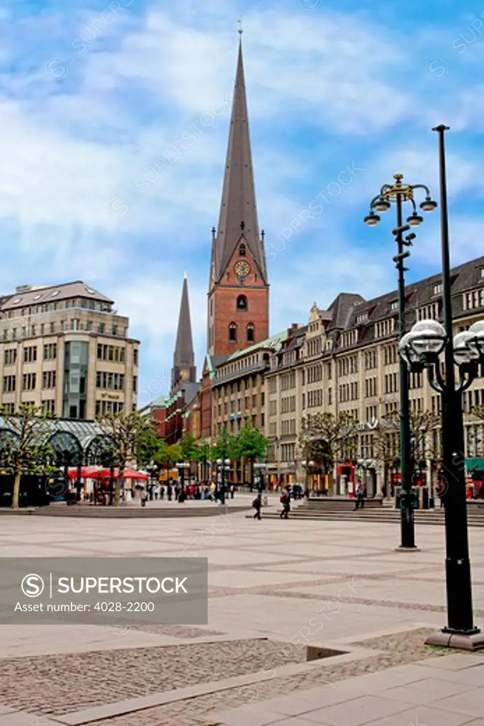 Rathaus market platz square and St. Petrikirche, St. Peter church, in the historic centre of Hamburg, Germany