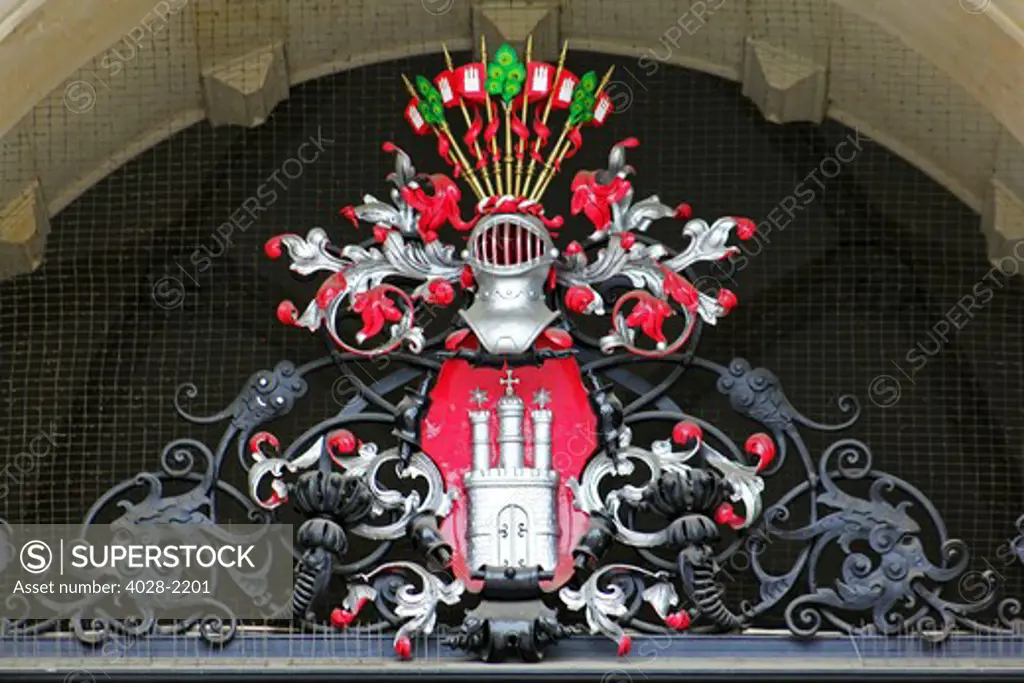 Hamburg's coat of arms above the entrance of the city hall of the Hanseatic city of Hamburg, Germany