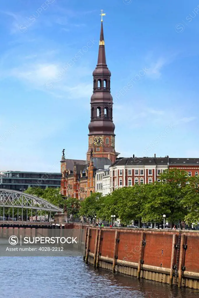 Saint Katharinen church along the Warehouse District (Speicherstadt) and canal; Hamburg; Germany