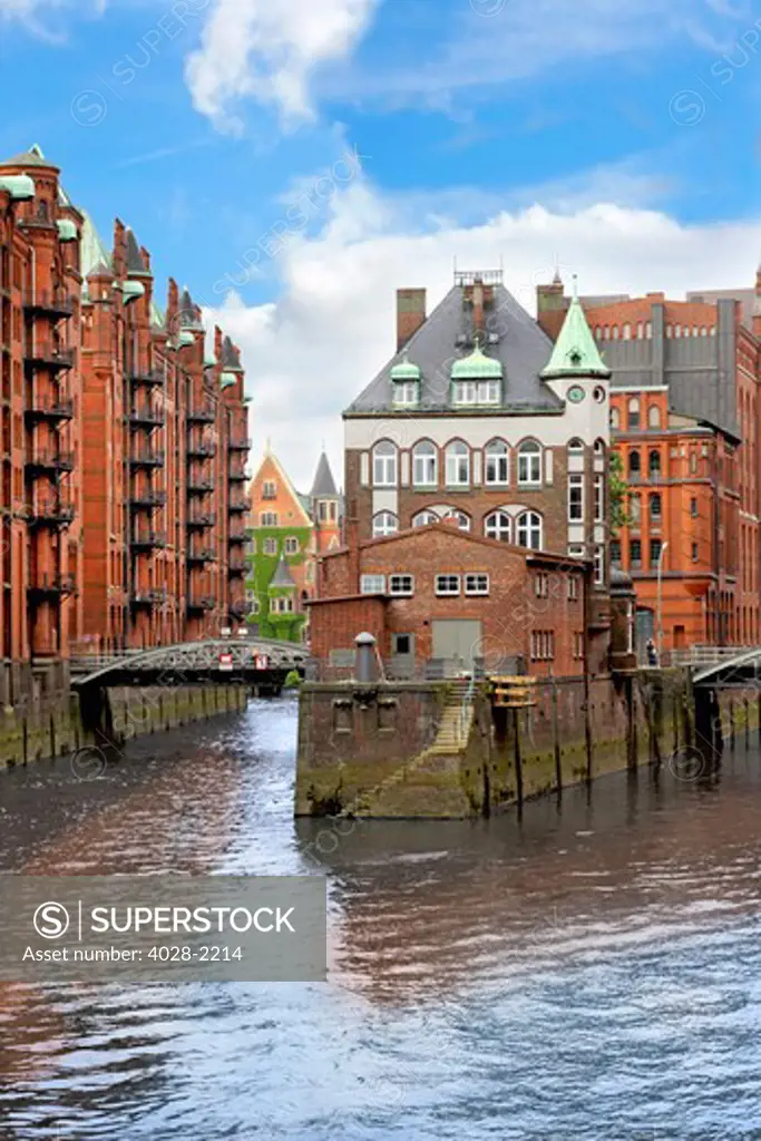 Waterfront warehouses and lofts in the Speicherstadt warehouse district of Hamburg, Germany,