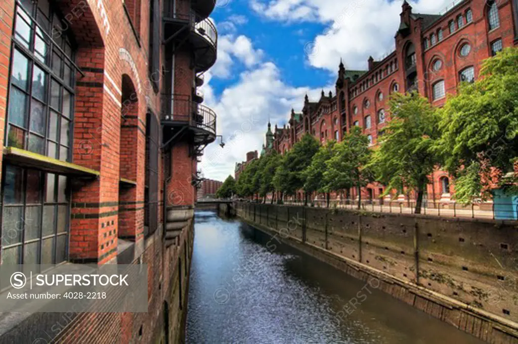 Waterfront warehouses and lofts in the Speicherstadt warehouse district of Hamburg, Germany