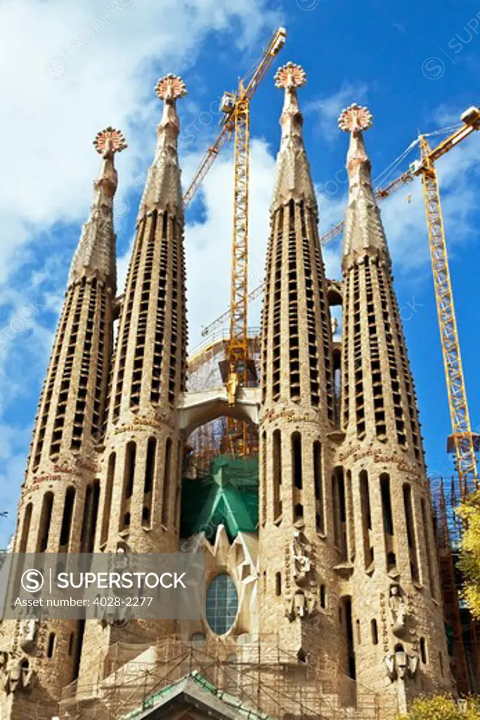 Barcelona, Catalonia, Spain, ornate Passion Facade of  the Temple of Sagrada Familia, by architect Josep Maria Subirachs