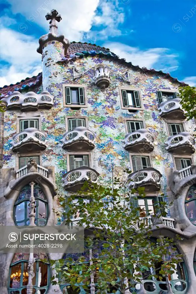 Barcelona, Catalonia, Spain, Detail of  the facade and balconies of Casa Batllo (Batllo House) by Antonio Gaudi