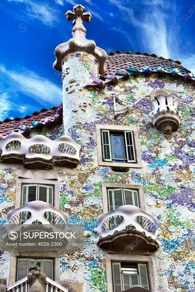 Barcelona, Catalonia, Spain, Detail of  the facade and balconies of Casa Batllo (Batllo House) by Antonio Gaudi