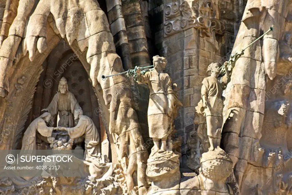 Spain, Catalonia, Barcelona, Sagrada Familia, statues and stonework of  theNativity facade (Gaudi architect). The marriage of Mary and Joseph.