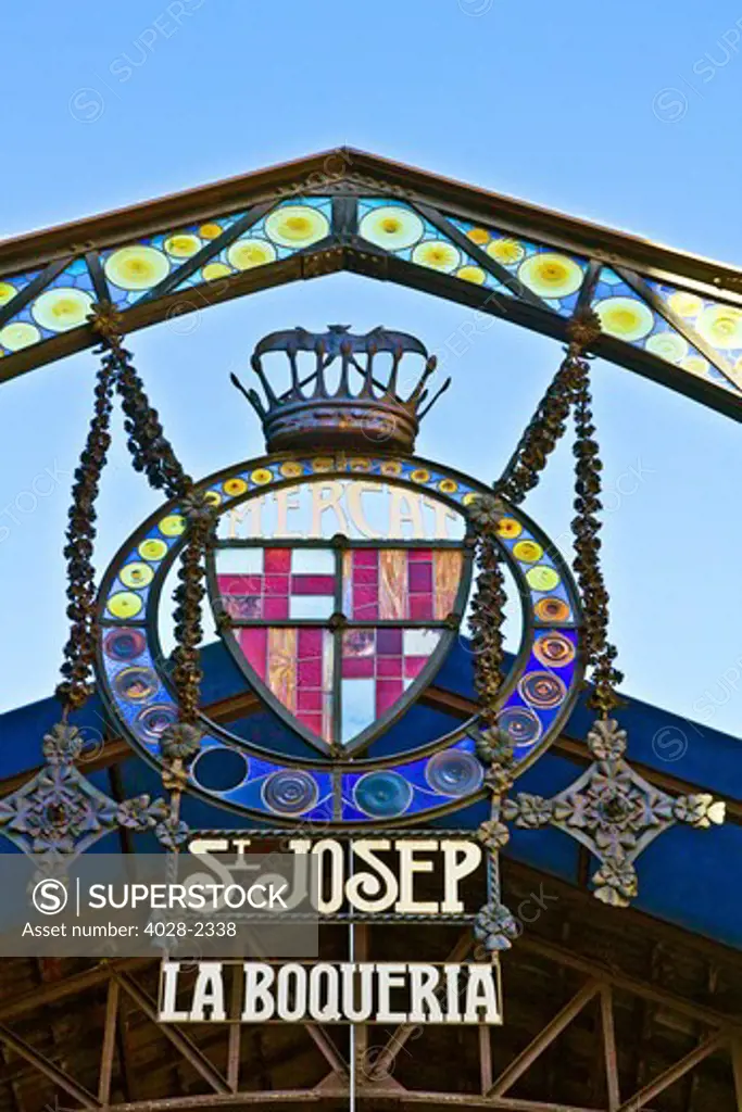 Barcelona, Catalonia, Spain, Market entrance sign, La Boqueria, La Rambla