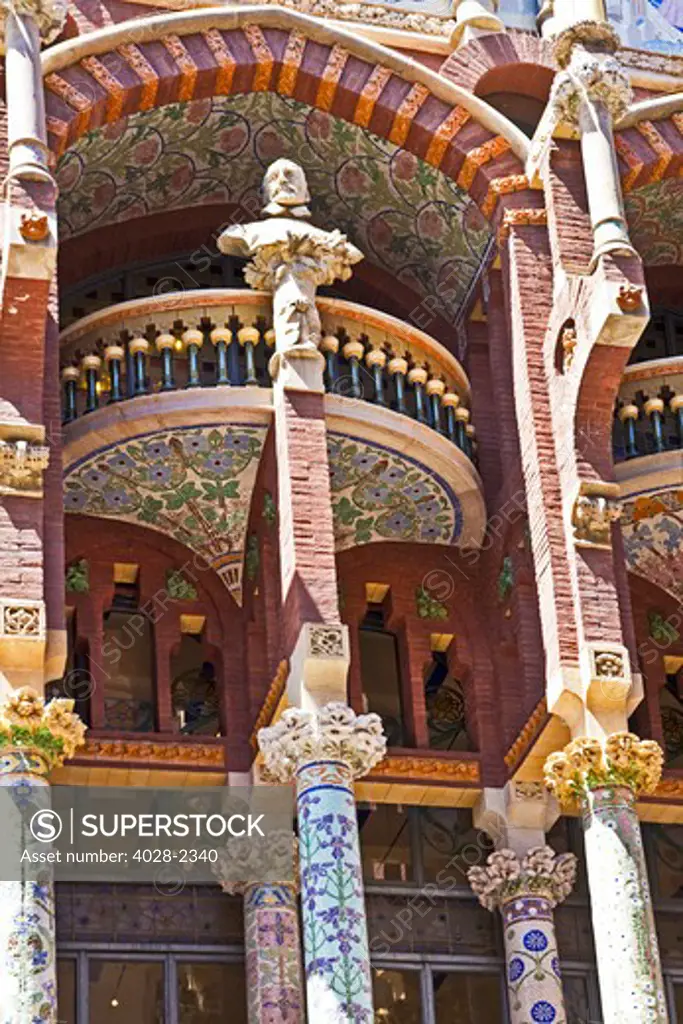 Barcelona, Catalonia, Spain, ornamental facade of Palau de la Musica Catalana, concert hall, by architect Lluis Domenech i Montane