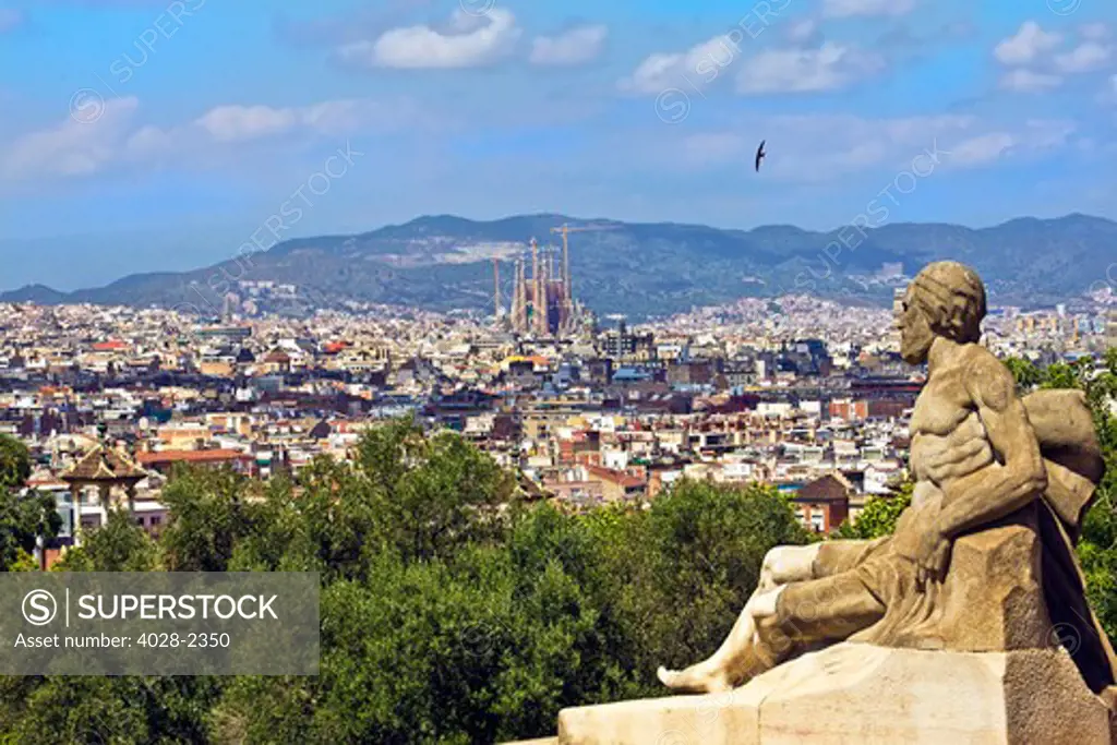 Barcelona, Catalonia, Spain, Palau Nacional, city view with Sagrada Familia Cathedral as seen from the National Palace of Montjuic Hill
