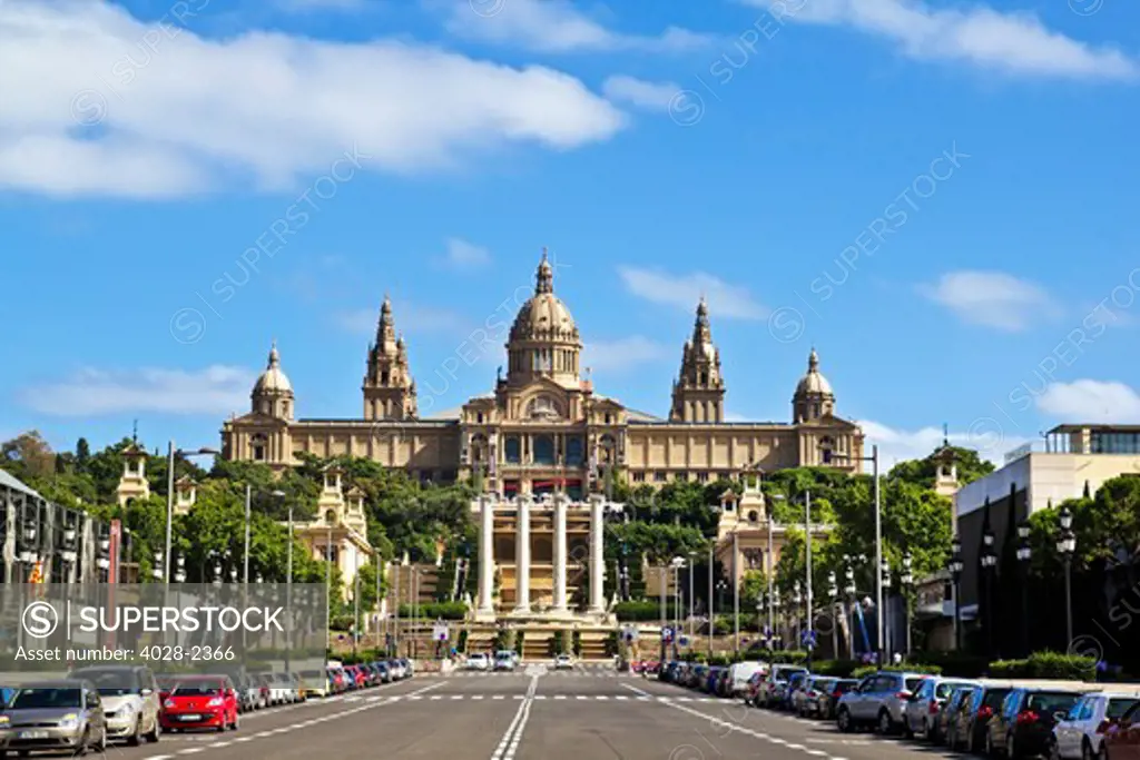 Barcelona, Catalonia, Spain, Palau Nacional, the National Palace of Montjuic from the Avenida de la Reina Maria (Queen Maria Avenue)