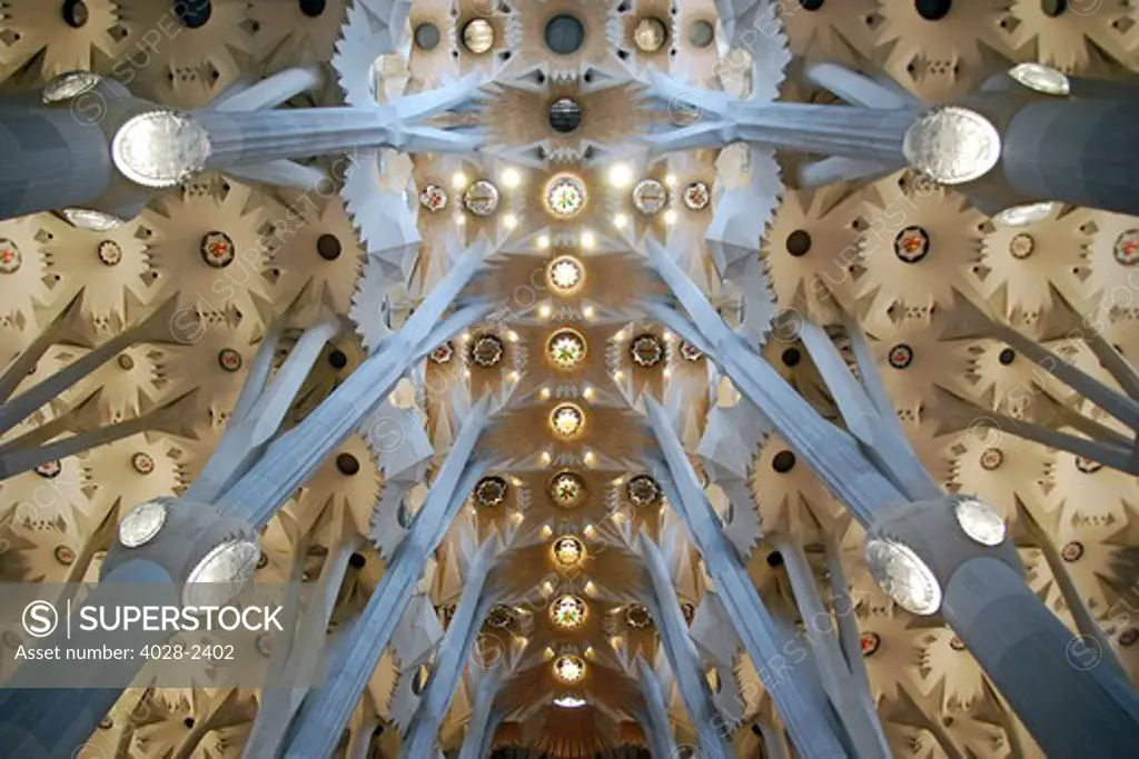 Barcelona, Catalonia, Spain, the ornate columns and ceiling of the Interior of Sagrada Familia