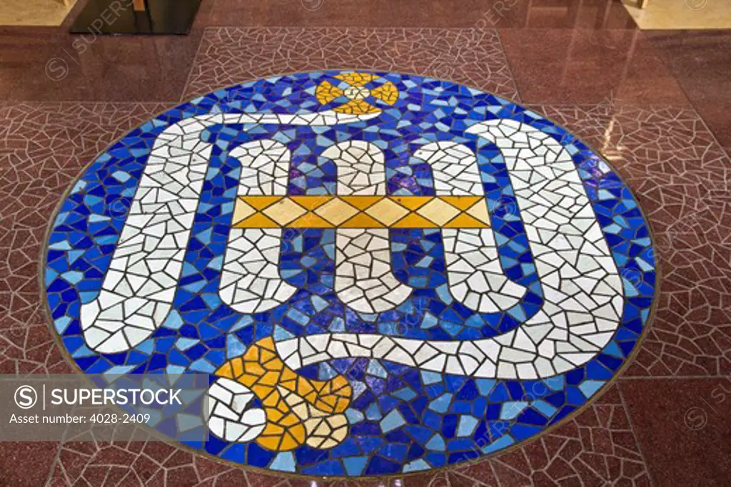 Barcelona, Catalonia, Spain, ornate mosaic medallion on the floor of the Interior of Sagrada Familia