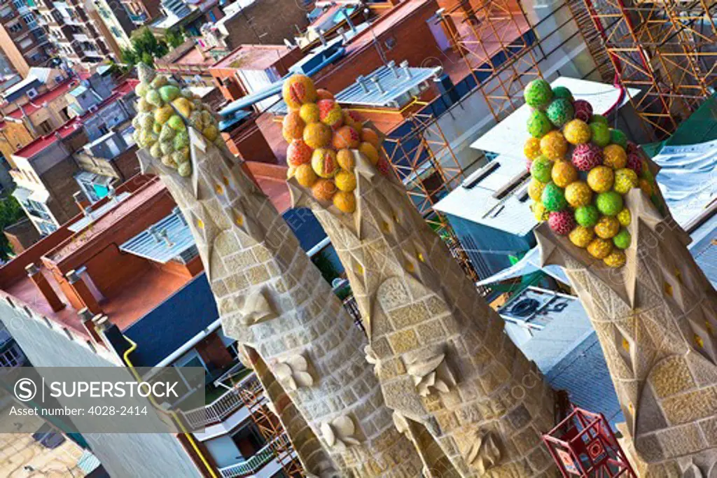 Barcelona, Catalonia, Spain, ornate the whimsical fruit spires of Sagrada Familia