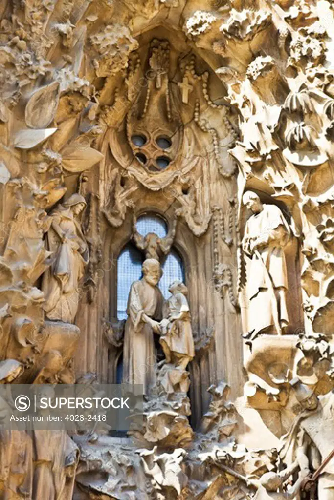 Spain, Catalonia, Barcelona, Sagrada Familia, Nativity facade (Gaudi architect). Joseph and Jesus.