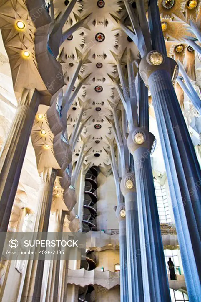 Barcelona, Catalonia, Spain, ornate vault, columns and ceiling of the Interior of Sagrada Familia