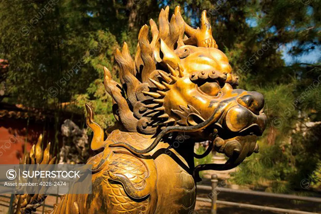 China, Beijing, Forbidden City, Imperial Gardens, Golden Lion protecting entrance to the Gate of Divine Might.