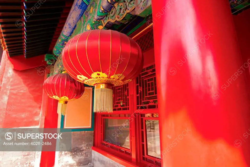 China, Beijing, Forbidden City, Traditional red Chinese lanterns.