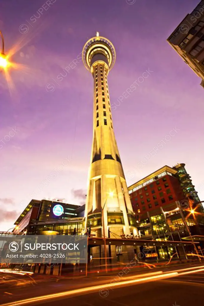 Auckland, New Zealand, the Sky Tower illuminated at night at 328 m it is the tallest free standing structure in the Southern Hemisphere