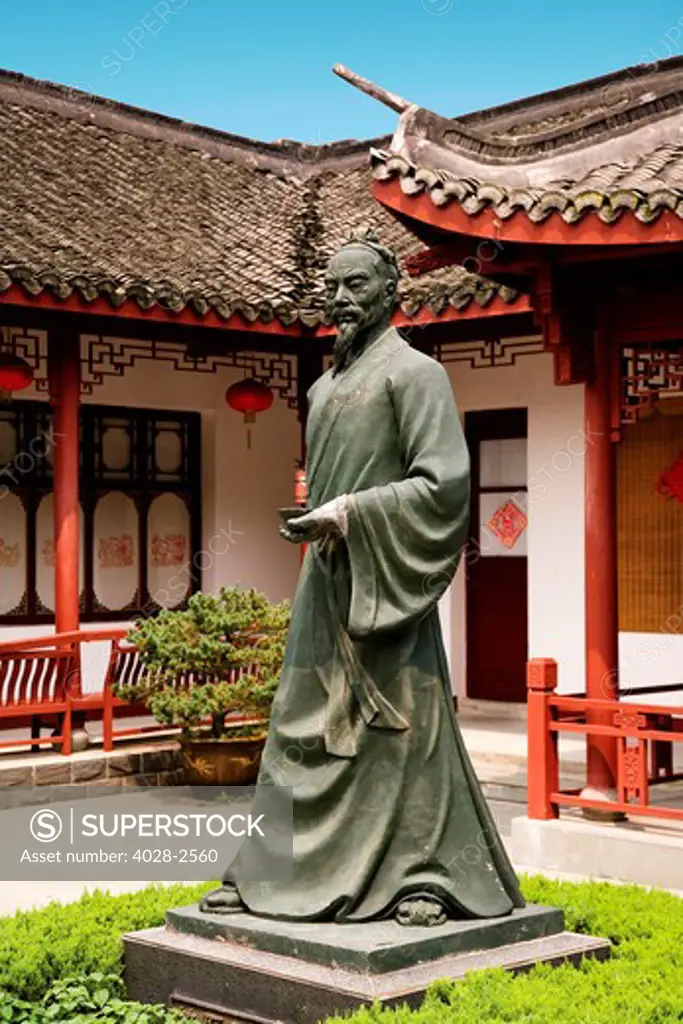 China, Hangzhou, Hangzhou Tea Plantation, Chinese pagoda. Statue of Lu Yu, the founder and father of tea.