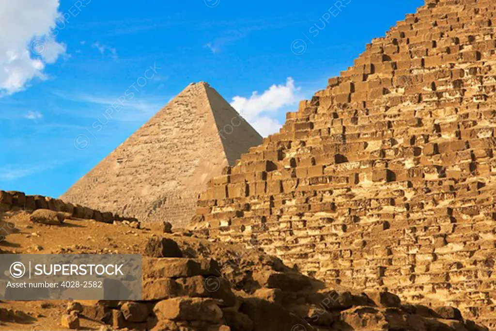 Egypt, Cairo, Giza, View of the Great Pyramids.