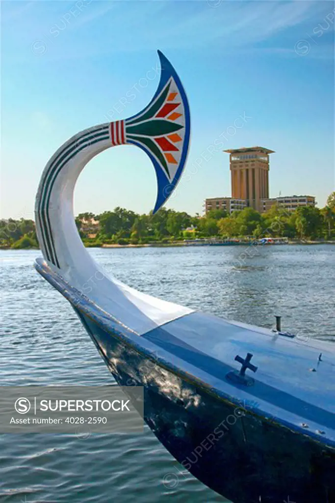 Egypt, Aswan, Replica of an old Egyptian sailing boat frames the Elephantine Island Resort hotel.