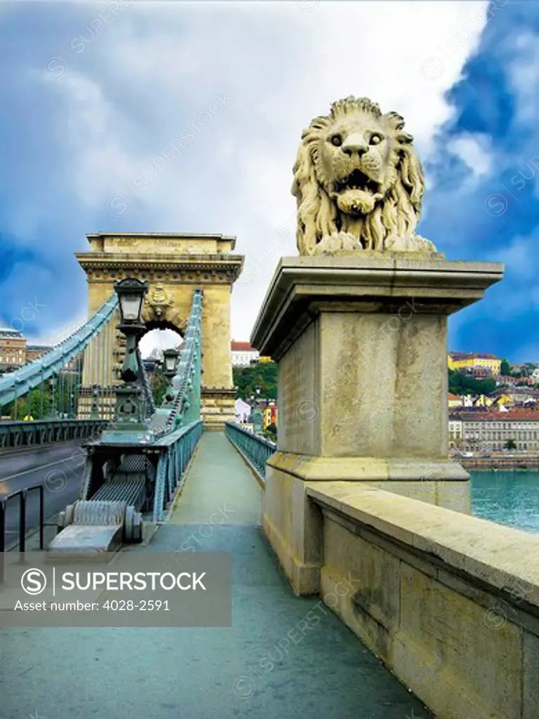 Hungary, Budapest, Szechenyi Chain Bridge, Stone Lion.