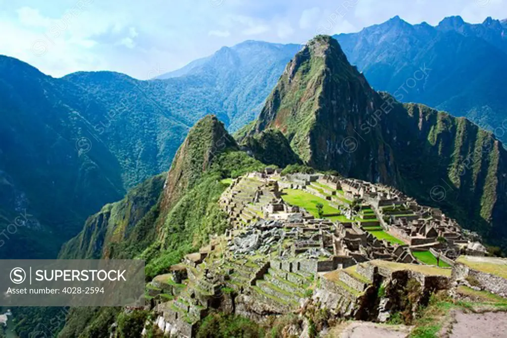 The ancient lost city of the Inca, Machu Picchu, in the Sacred Valley of Peru, South America