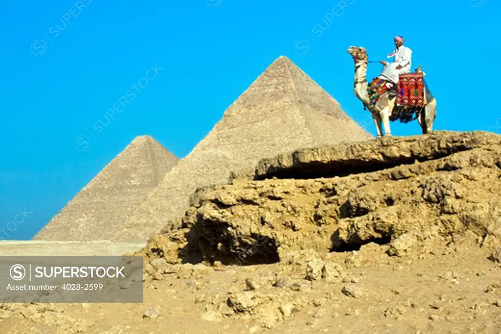 Egypt, Cairo, Giza, A proud Egyptian man sits astride his camel in front of the Great Pyramids.
