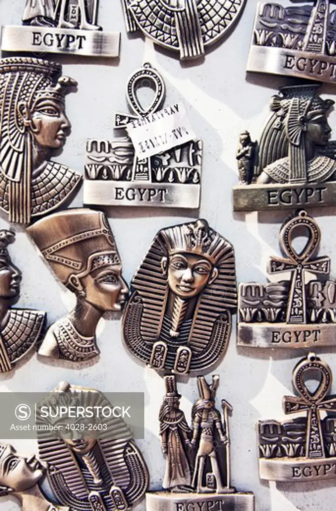 Egypt, Cairo, Giza, Egyptian metal magnet Souvenirs on display