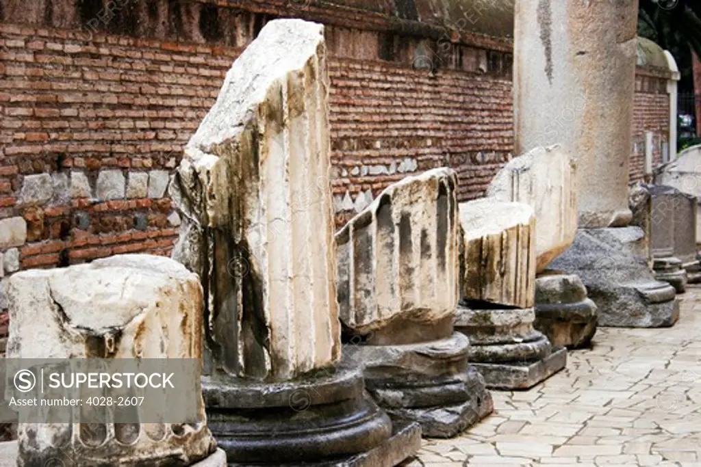 Rome, Italy, ancient Corinthian columns lay in ruins at the Roman Forum