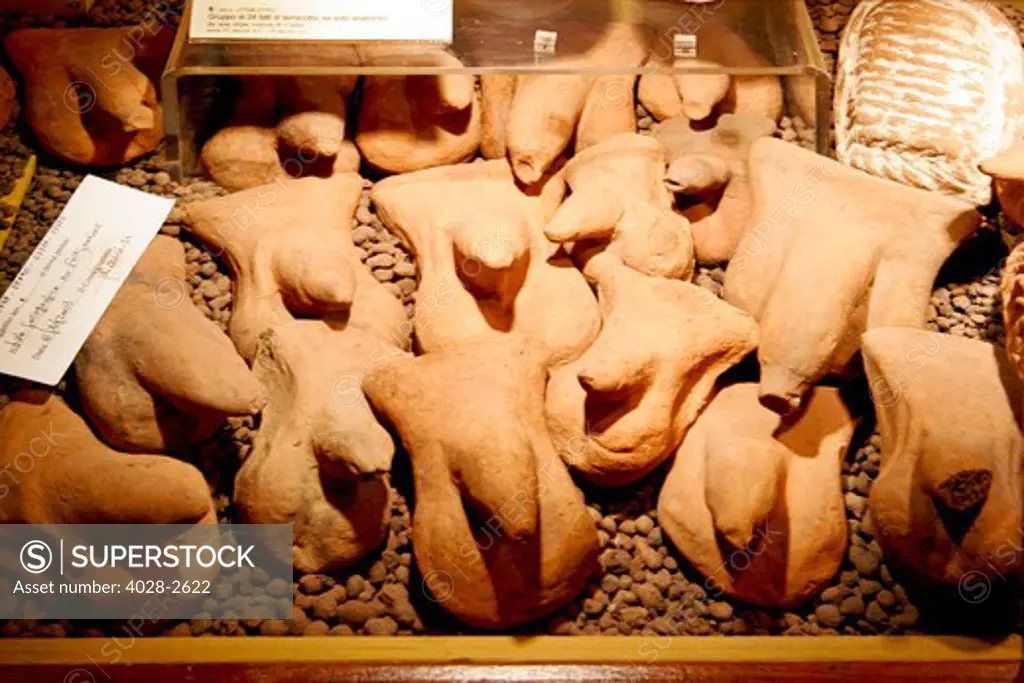 A cabinet of terracotta penises from sculptures at Pompeii in the Secret Cabinet of the National Archaeological Museum (museo archeologico nazionale) in Naples, Italy.