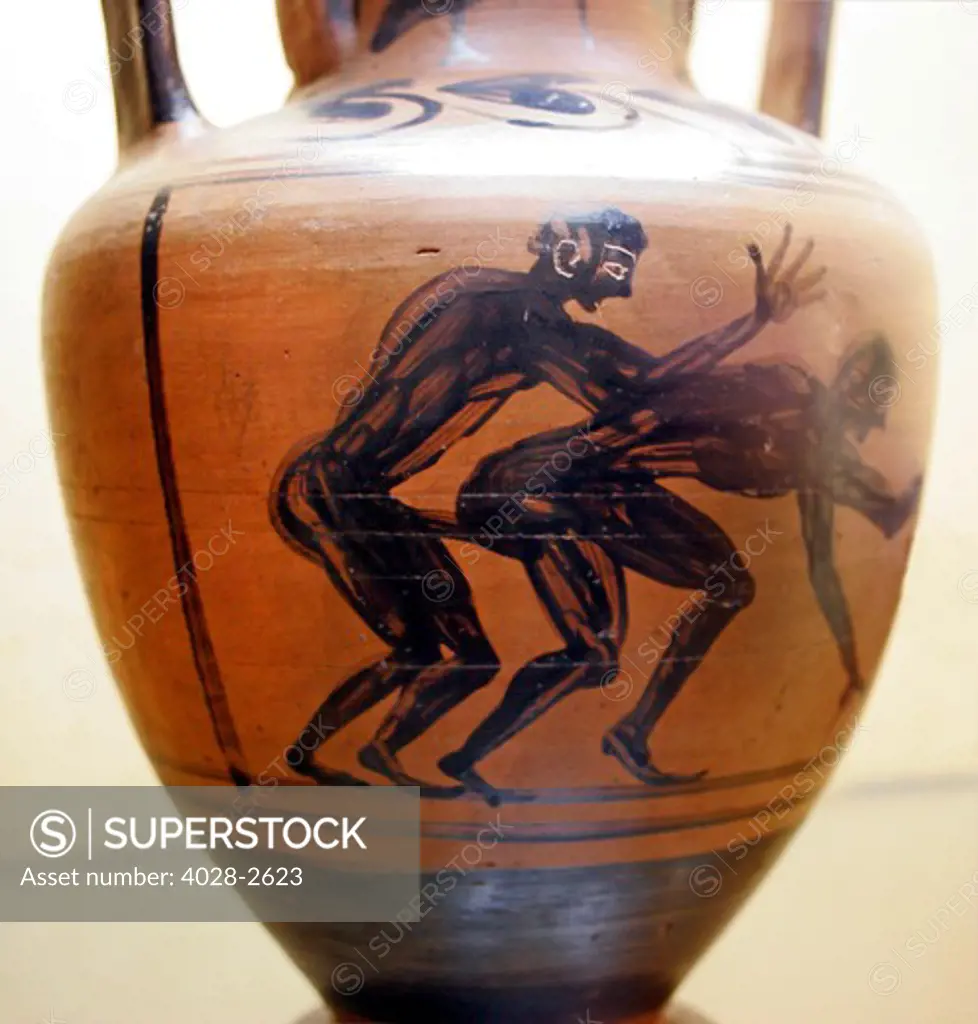 A vase with an erotic scene in the Secret Cabinet of the National Archaeological Museum (museo archeologico nazionale) in Naples, Italy.