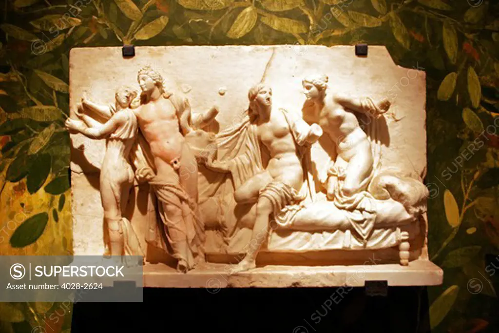 A marble relief sculpture with an erotic scene in the Secret Cabinet of the National Archaeological Museum (museo archeologico nazionale) in Naples, Italy.