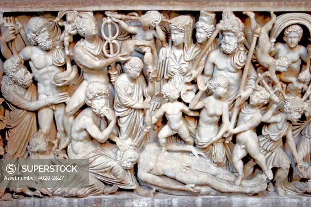 Italy, Campania: Naples: National Archaeological Museum. Sarcophagus with the myth of Prometheus, by Unknown artist, 4th Century, white marble, high relief.