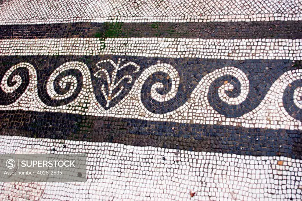 Tile mosaic floor in the Thermae for men. Ruins of the Pompeii archaeological site, near Naples, Campania, Italy