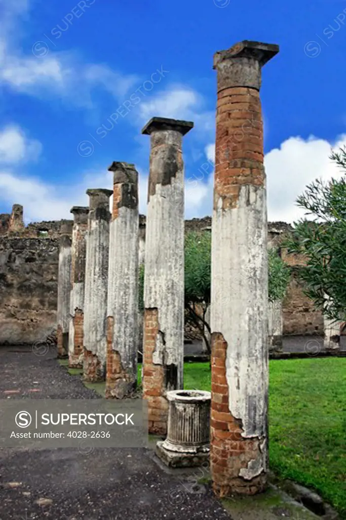The ancient ruins of Pompeii, Italy, Campania, near Naples looking at the pillars of the Forum