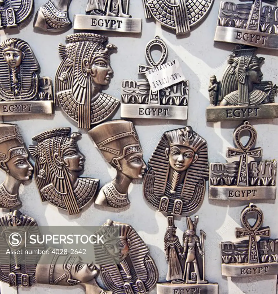 Egypt, Cairo, Giza, Egyptian metal magnet Souvenirs on display