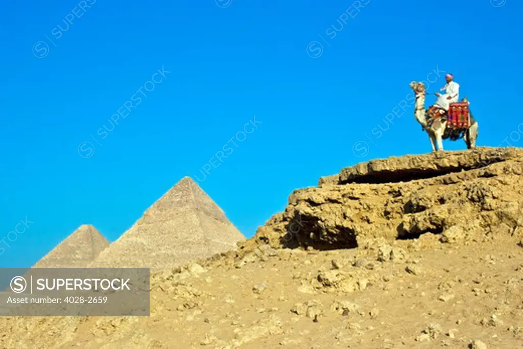 Egypt, Cairo, Giza, A proud Egyptian man sits astride his camel in front of the Great Pyramids.
