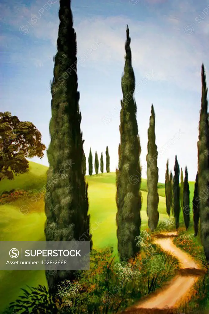 Italy, Tuscany, Chianti, a landscape painting of Cypress trees and dirt road in Tuscany