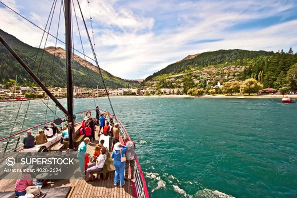 View of Queenstown, New Zealand from the deck of the TSS Earnslaw on Lake Wakatipu on the South Island