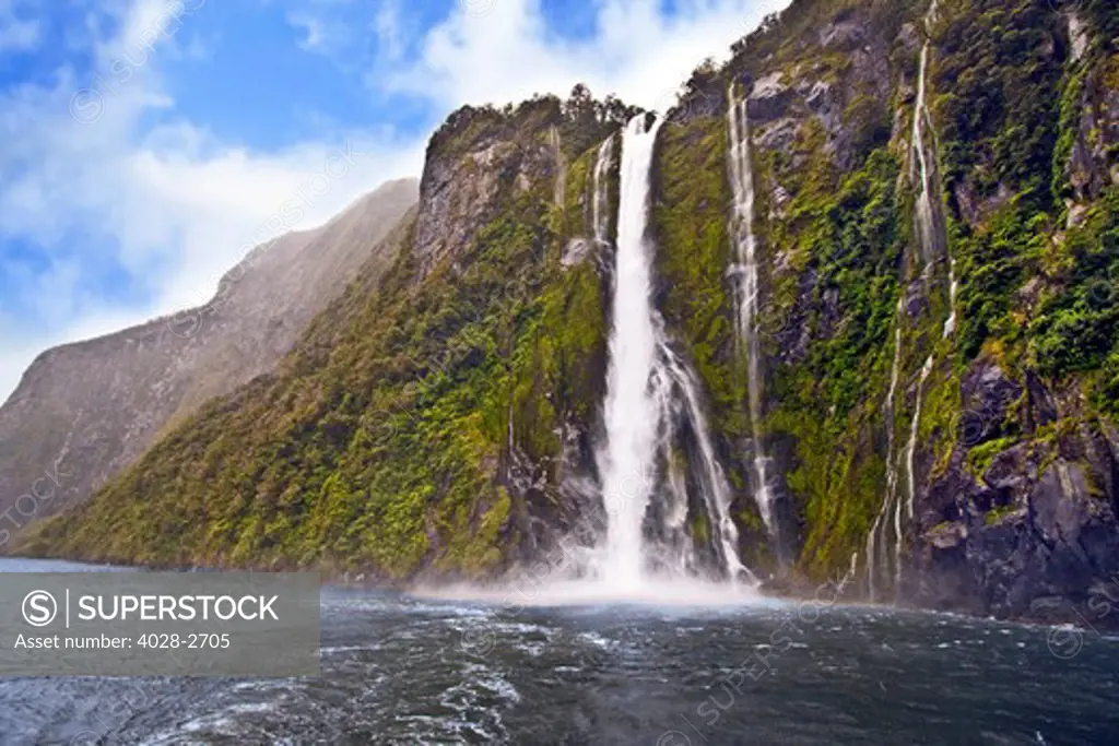 Milford Sound, Fiordland National Park, New Zealand, Sterling Falls drops 151m into the Sound in Fjordland National Park