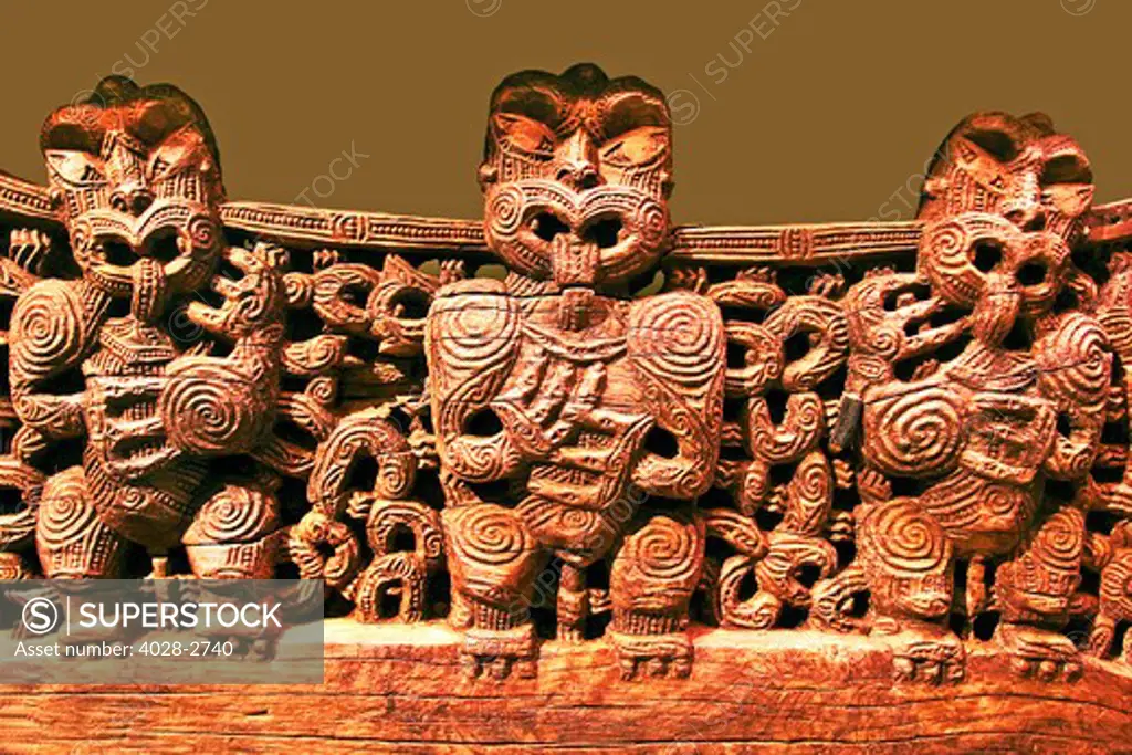 Maori wood carving in the Auckland War Memorial Museum, Rotorua, Auckland, North Island, New Zealand