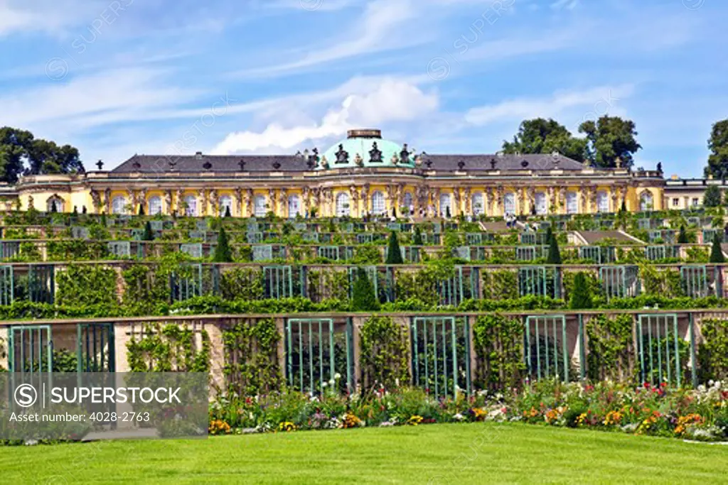 Germany, Brandenburg, Preussen, Potsdam, the terraced gardens in front of main facade of Sans Souci Palace.