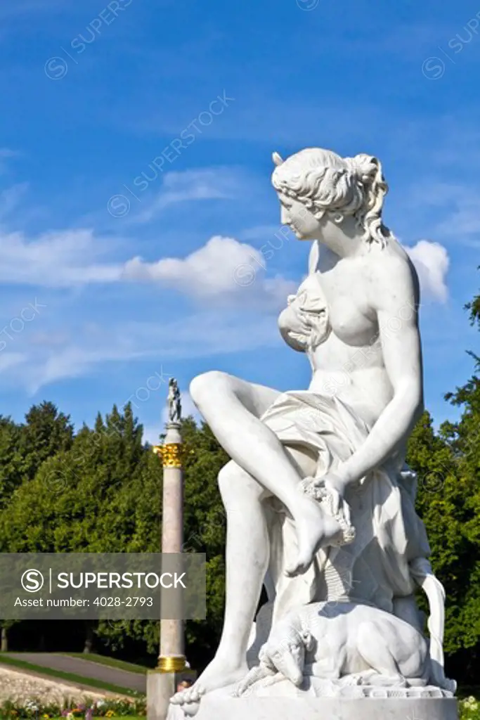 Germany, Brandenburg, Preussen, Potsdam, A statue of the Greek goddess Diana in front of Sans Souci Palace.