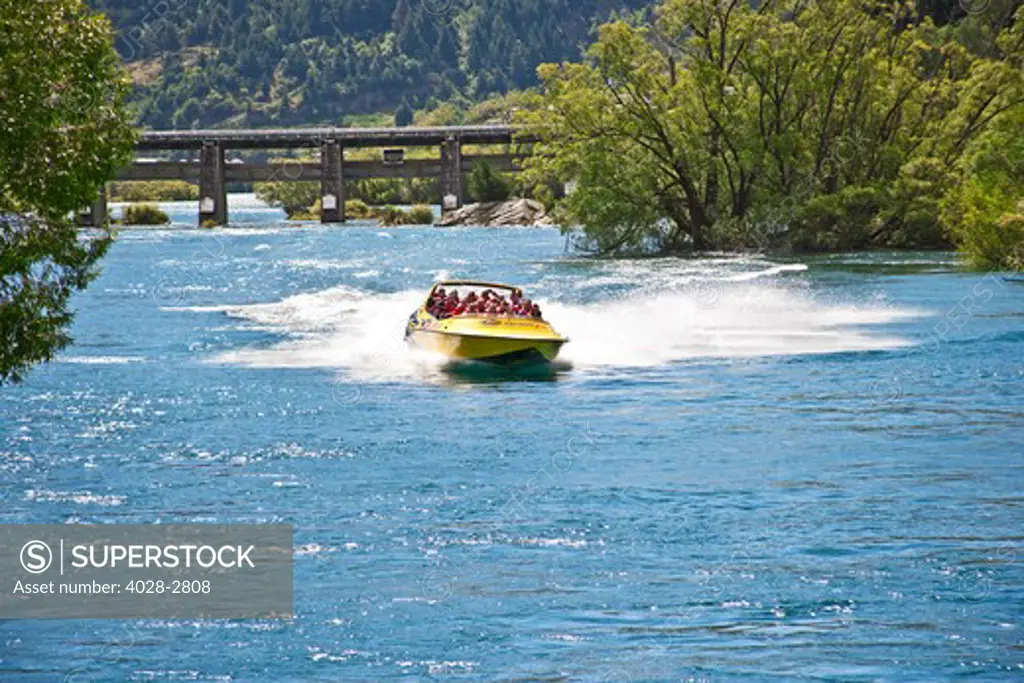 New Zealand, South Island, Clutha-Central Otago, Queenstown, thrill seekers and tourists on jet boat on Shotover River and Shotover Canyons