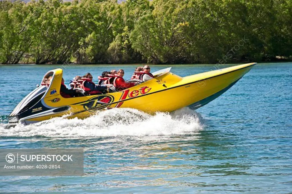 New Zealand, South Island, Clutha-Central Otago, Queenstown, thrill seekers and tourists on a jet boat on Shotover River