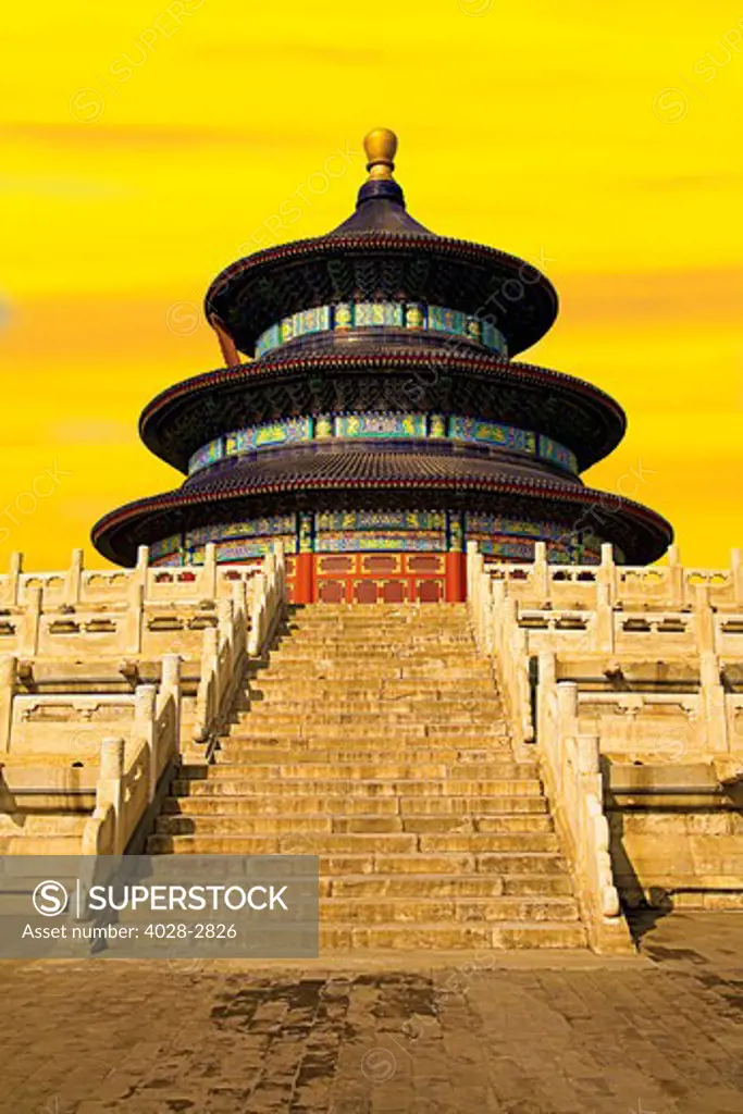 China, Beijing, Temple of Heaven, view from bottom of stairs.