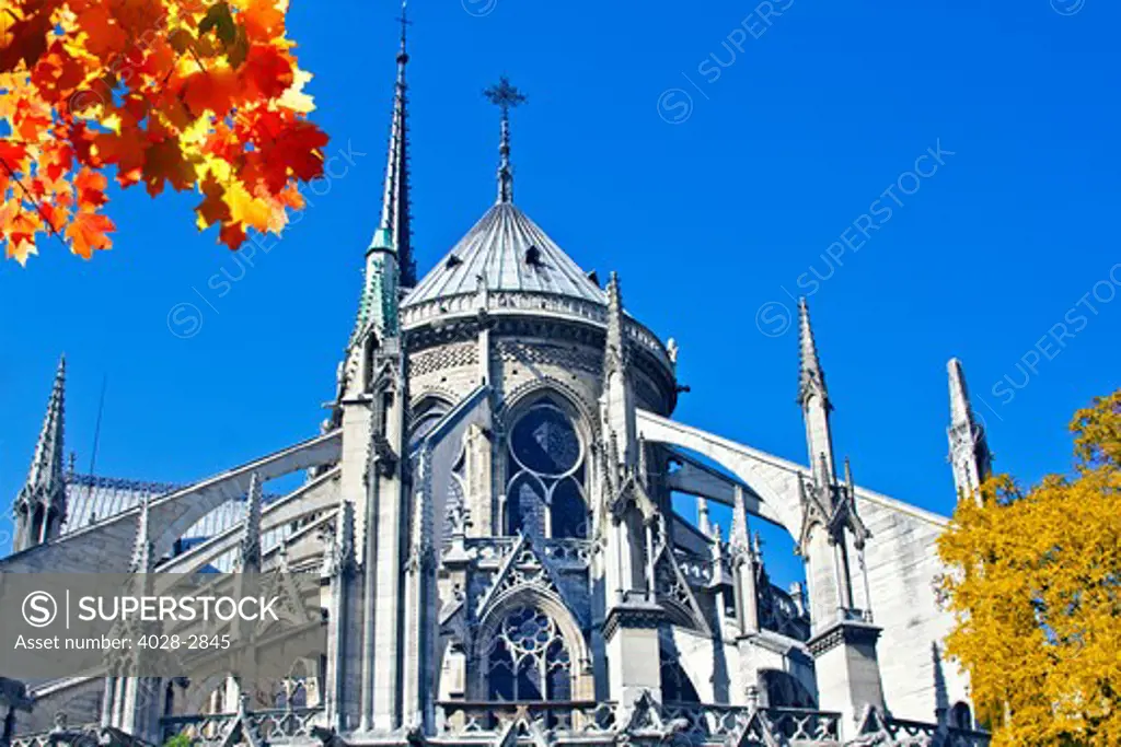 Paris, France, ile De La Cite, rear facade of Notre Dame Cathedral in the Autumn