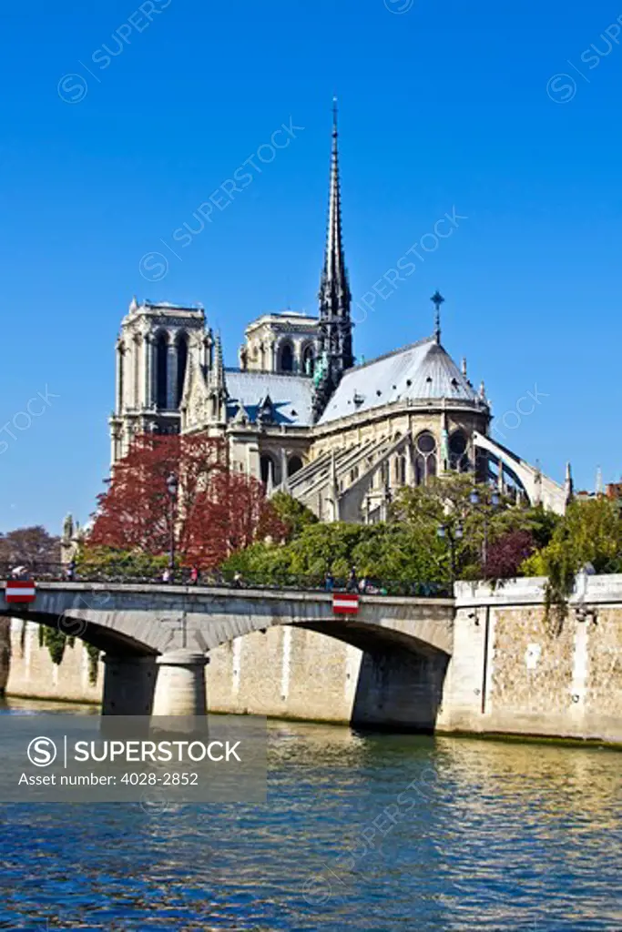 Paris, France, ile De La Cite, rear facade of Notre Dame Cathedral along the Seine River in the Autumn