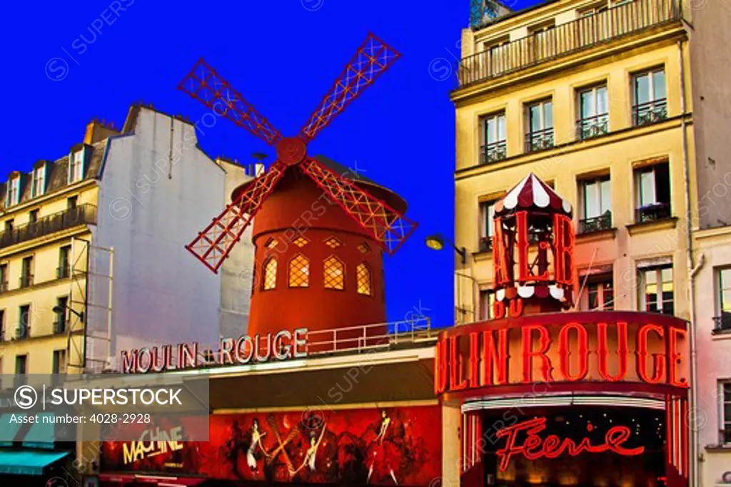 Paris, France, The world famous Moulin Rouge Caberet and windmill in the Pigalle area of Montmartre